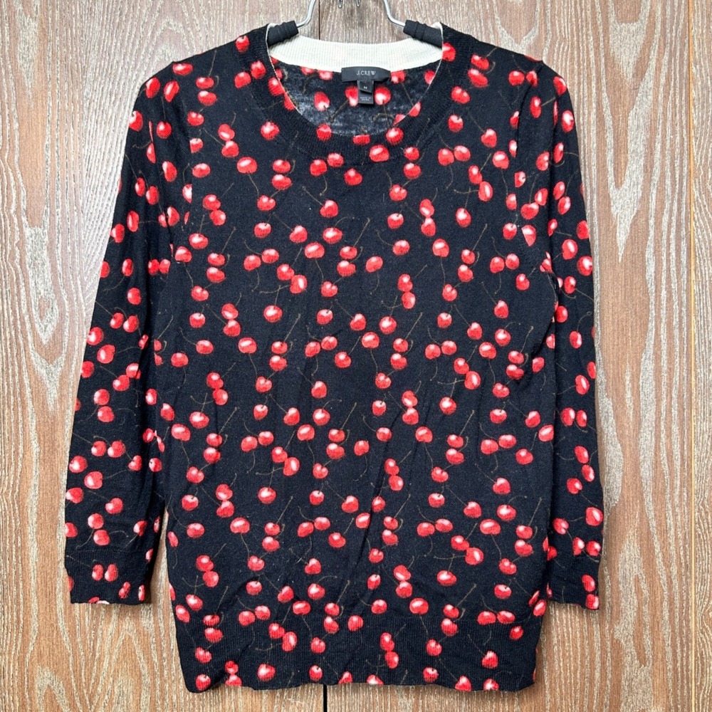 J.Crew Womens Black Red Cherry Print 100% Merino Wool Sweater Size M Old Money